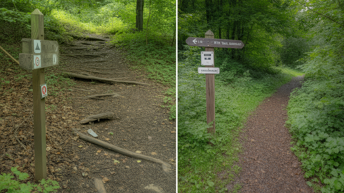 Overgrown versus well-maintained forest trails representing poor versus good consulting relationships and clear warning signs