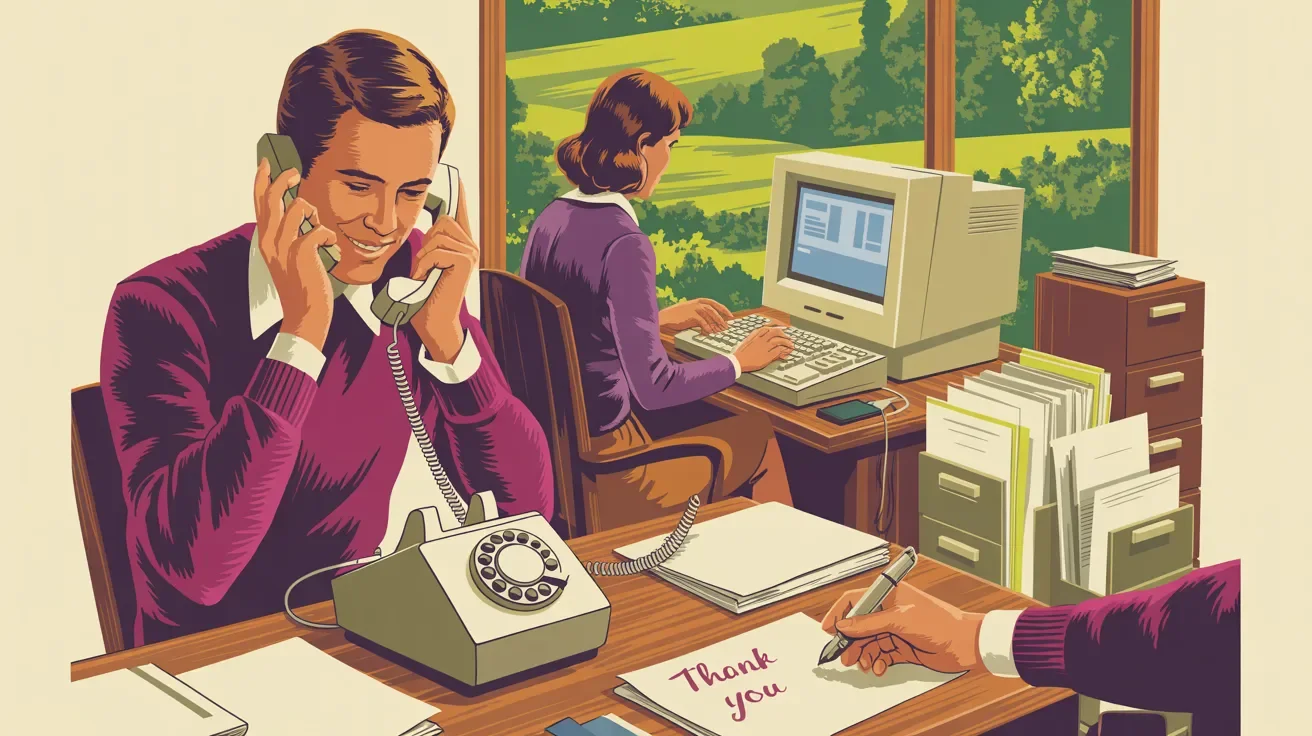 Retro illustration of nonprofit team conducting post-event follow-up with thank you notes and calls