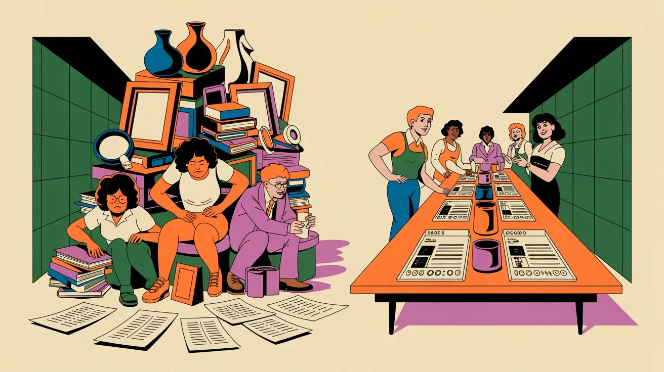 Retro illustration contrasting exhausting silent auction overload with focused successful auction approach