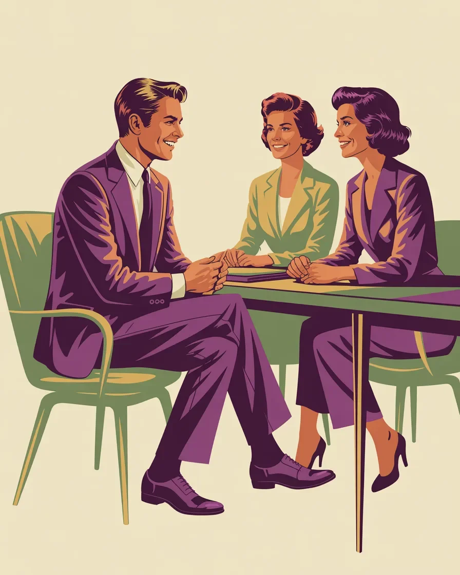 Retro illustration of senior marketing professional giving direct attention to client with trust and expertise