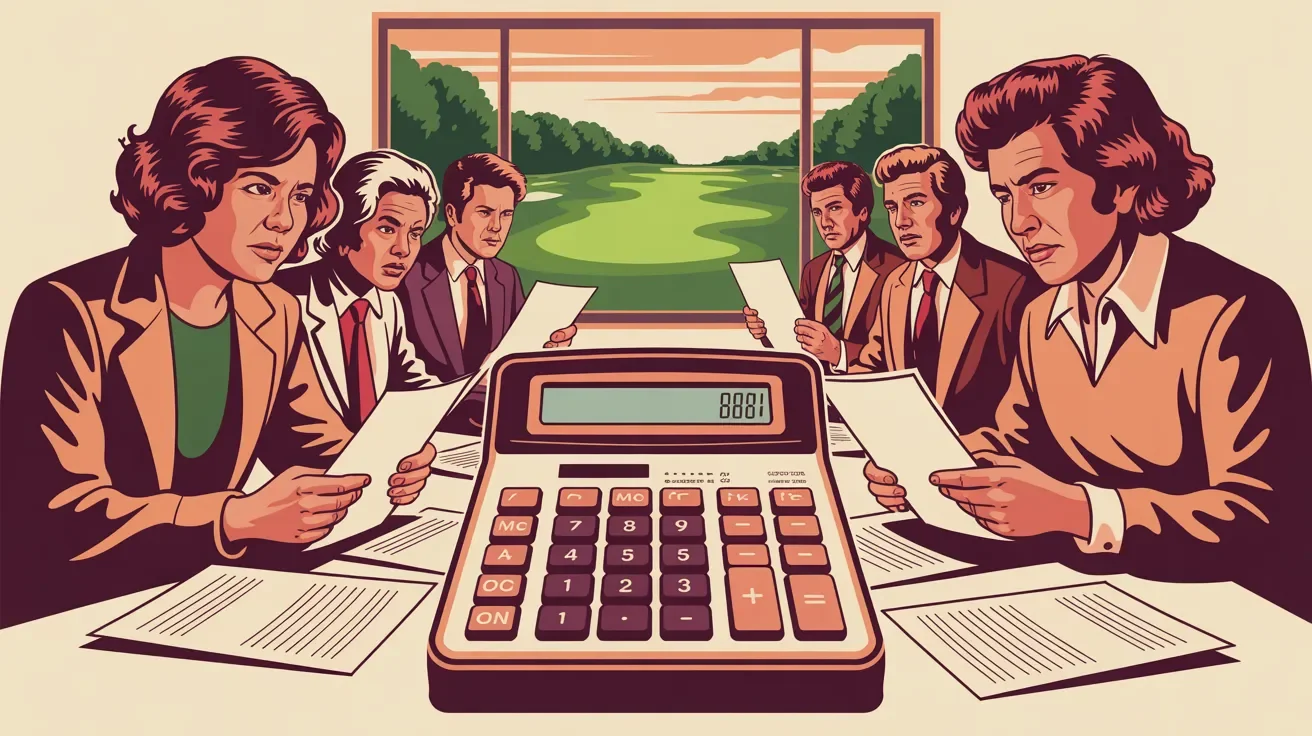 Retro illustration of nonprofit leaders calculating charity golf tournament true net versus gross revenue