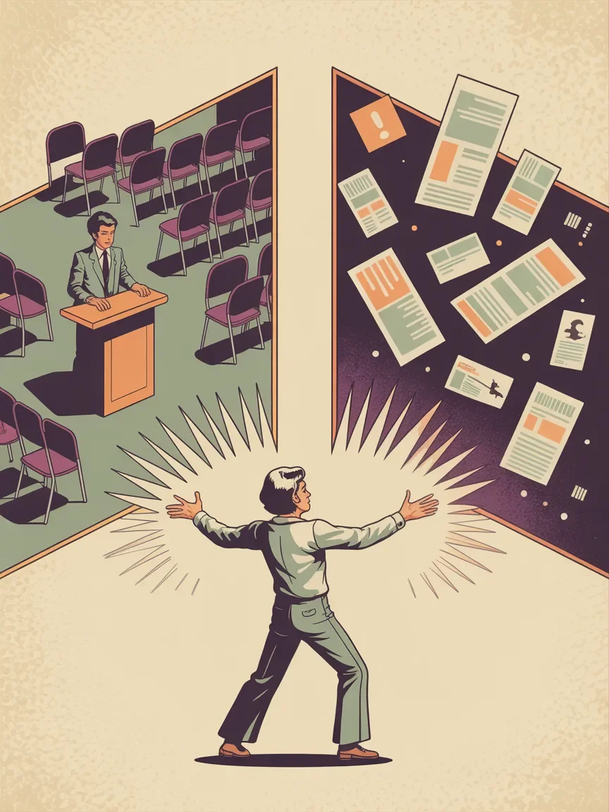 Retro illustration showing disconnect between event planning and marketing with frustrated organizer