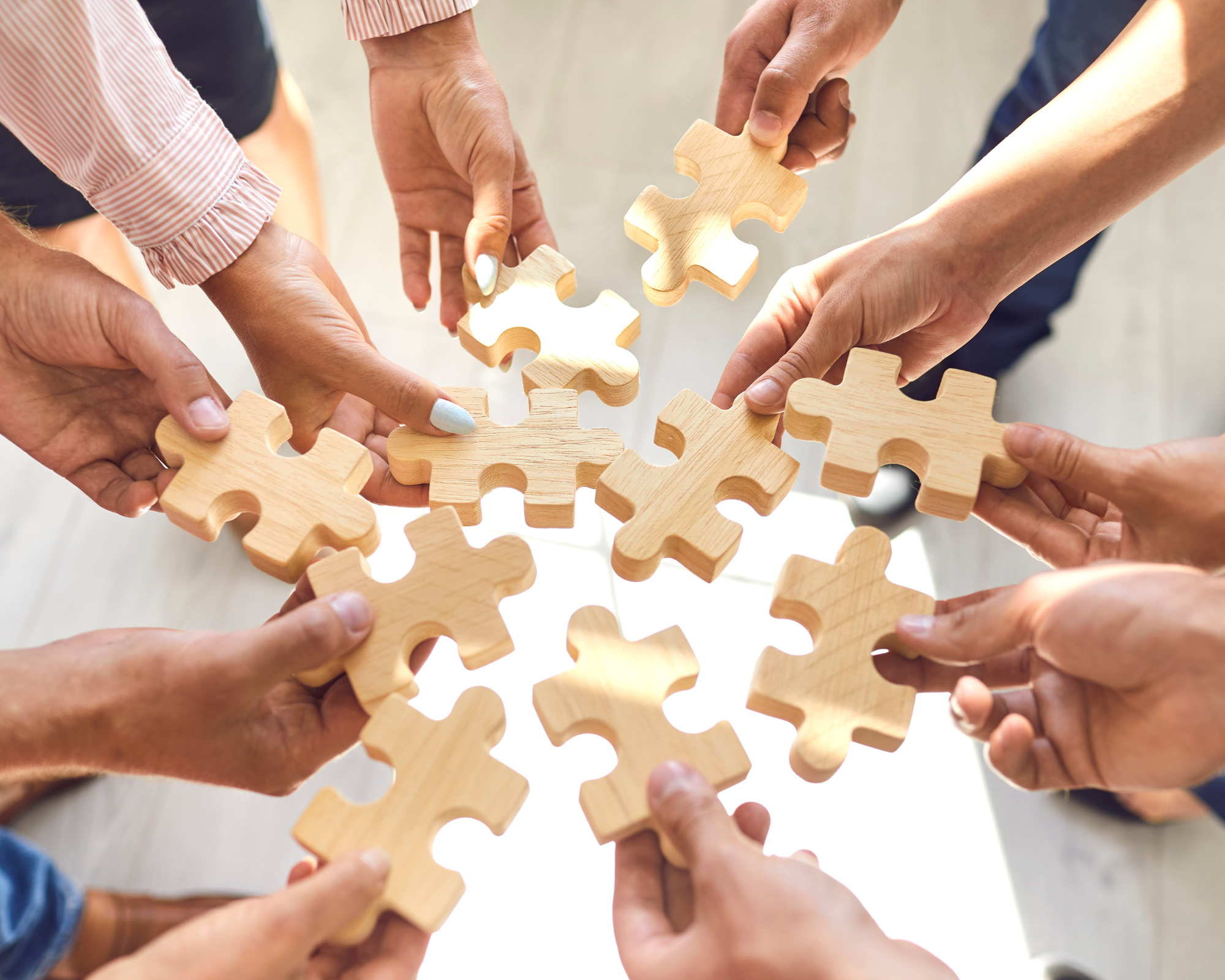 Multiple hands of diverse individuals connecting wooden puzzle pieces to form a circle, symbolizing teamwork and collaboration.