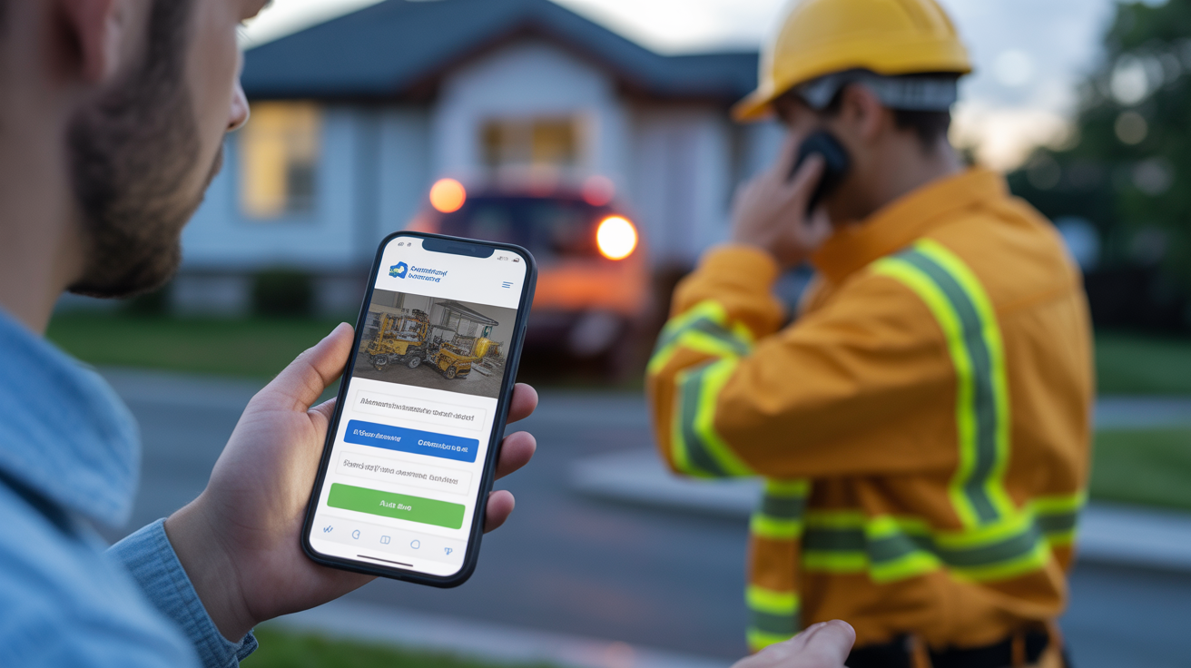 Emergency contractor service with customer using mobile-optimized website showing importance of mobile-first design for construction company accessibility