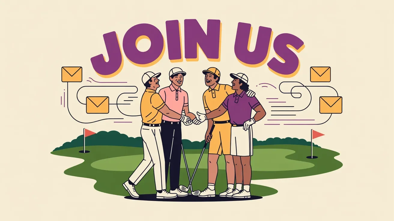 Retro illustration of charity golf tournament player recruitment through multiple channels with diverse golfers