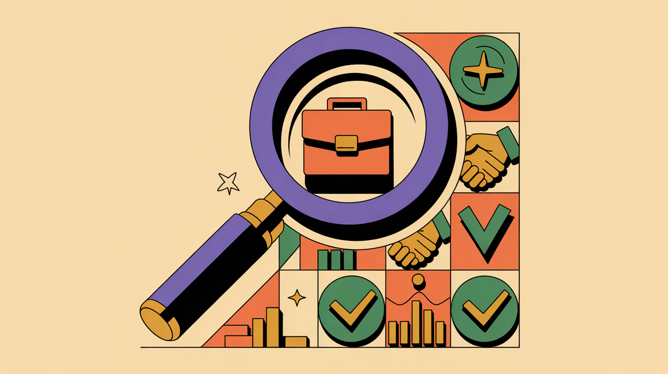 Retro illustration of a magnifying glass examining business partner options representing careful affinity partner selection