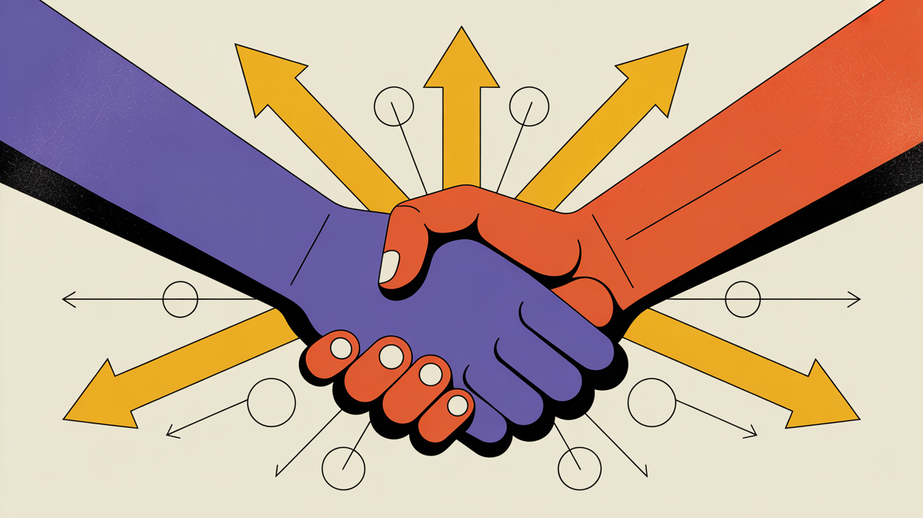 Retro illustration of partnership handshake with growth symbols representing marketing assistance