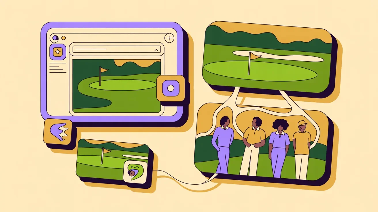 Retro illustration of golf outing promotion across multiple channels including email, social media, and print