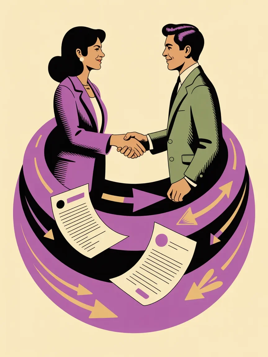 Retro illustration of sponsor partnership handshake with mutual benefit and documentation visible