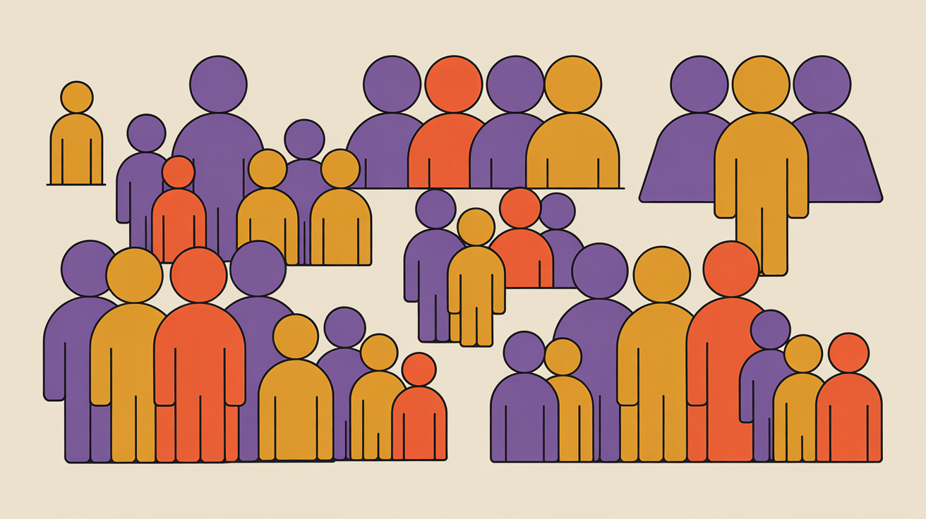 Retro illustration of different shaped figures sorted into groups representing member segmentation and personalization