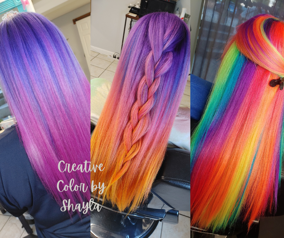 A series of three hair dye styles on long, straight hair with vibrant rainbow colors. The first has purple and pink shades, the second features a pink, purple, and orange braid, and the third showcases multi-colored rainbow highlights with flowing locks.