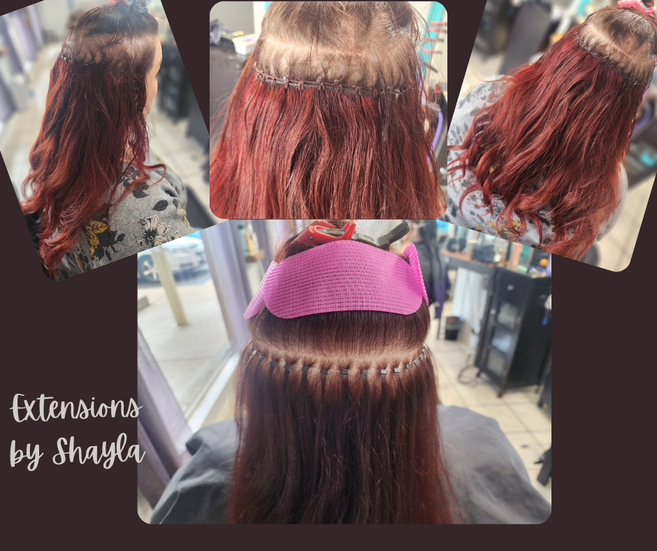 Sequence of photos showing a woman's hair transformation with extensions. The first three images depict her hair before extension application, featuring long, wavy, reddish-brown hair. The fourth image shows her scalp with freshly installed hair extensions, secured with a row of metal rings and a pink headband, in a salon setting.