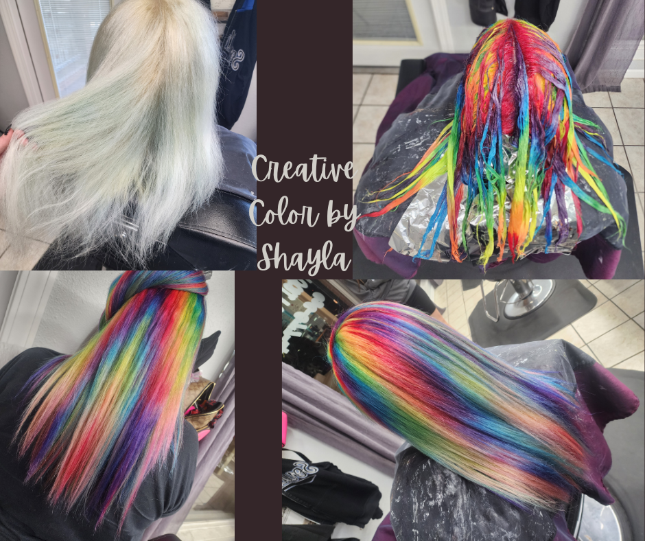 A collage of four photos showing hair being dyed in vibrant rainbow colors. The top left photo shows hair before coloring, light blonde. The top right photo shows wet rainbow-colored hair with multiple colors. The bottom left photo displays the hair after coloring, with bright, rainbow hues and a smooth finish. The bottom right photo shows the same rainbow-colored hair styled and dried, with the colors vividly highlighted.