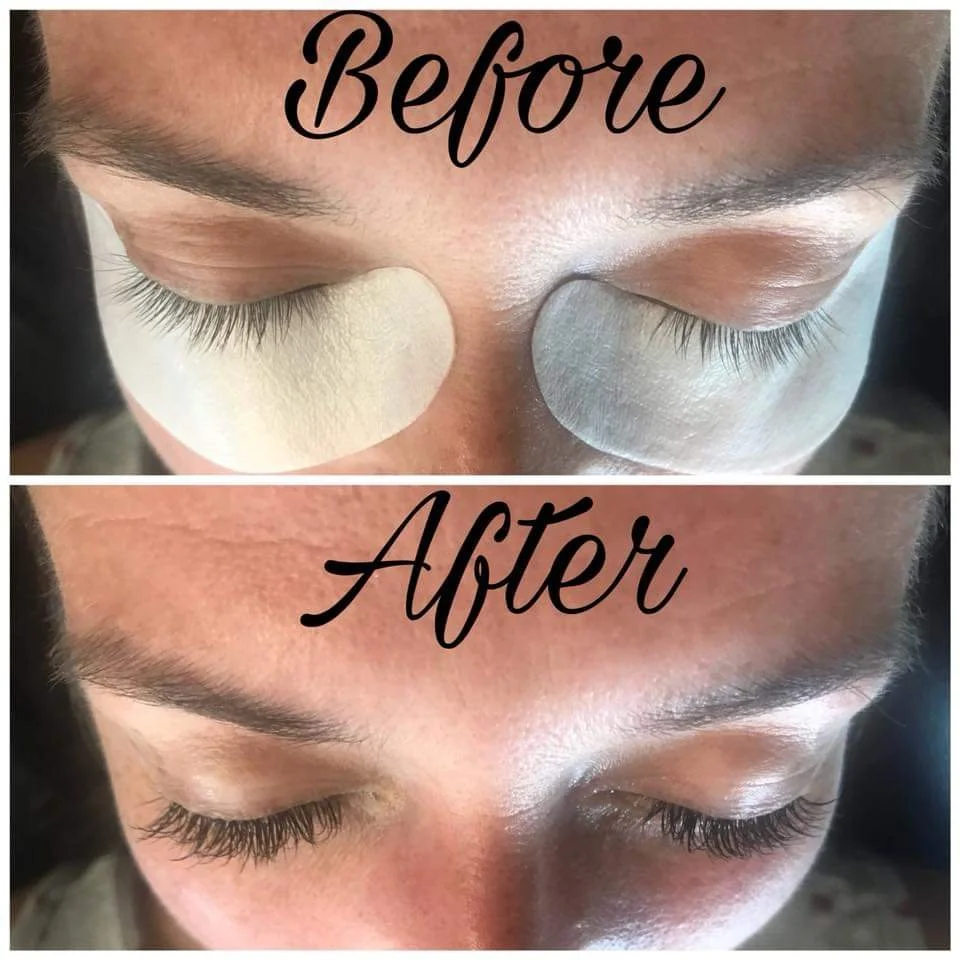 Close-up of a person's closed eyes showing eyelash extensions, with a before and after comparison; the "before" image shows no eyelash extensions, and the "after" image shows longer, fuller eyelashes.