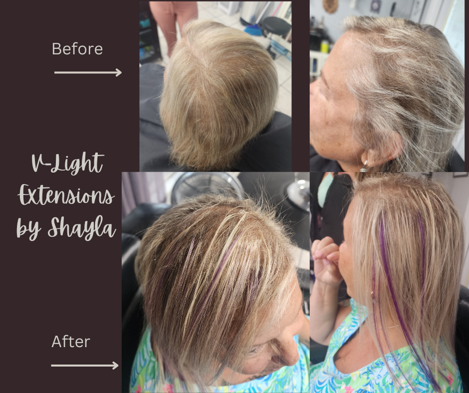 Comparison of a woman's hair before and after extensions. The "before" images show short, thin, and light-colored hair. The "after" images display longer, fuller hair with visible colorful extensions in shades of purple and blonde, styled with volume and highlights.