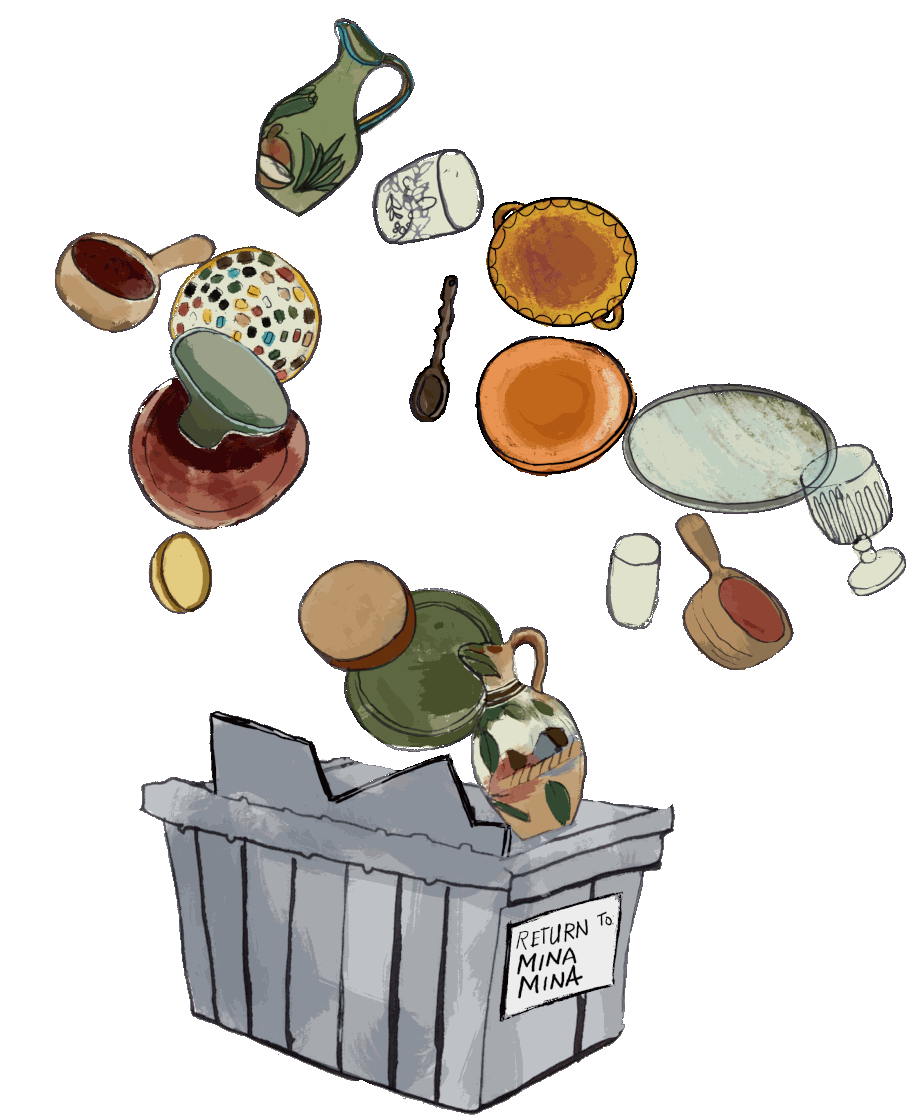 Various broken and intact ceramic dishes, mugs, bowls, and a pitcher spilled out of a gray recycling bin labeled "RETURN TO MINA MINA."