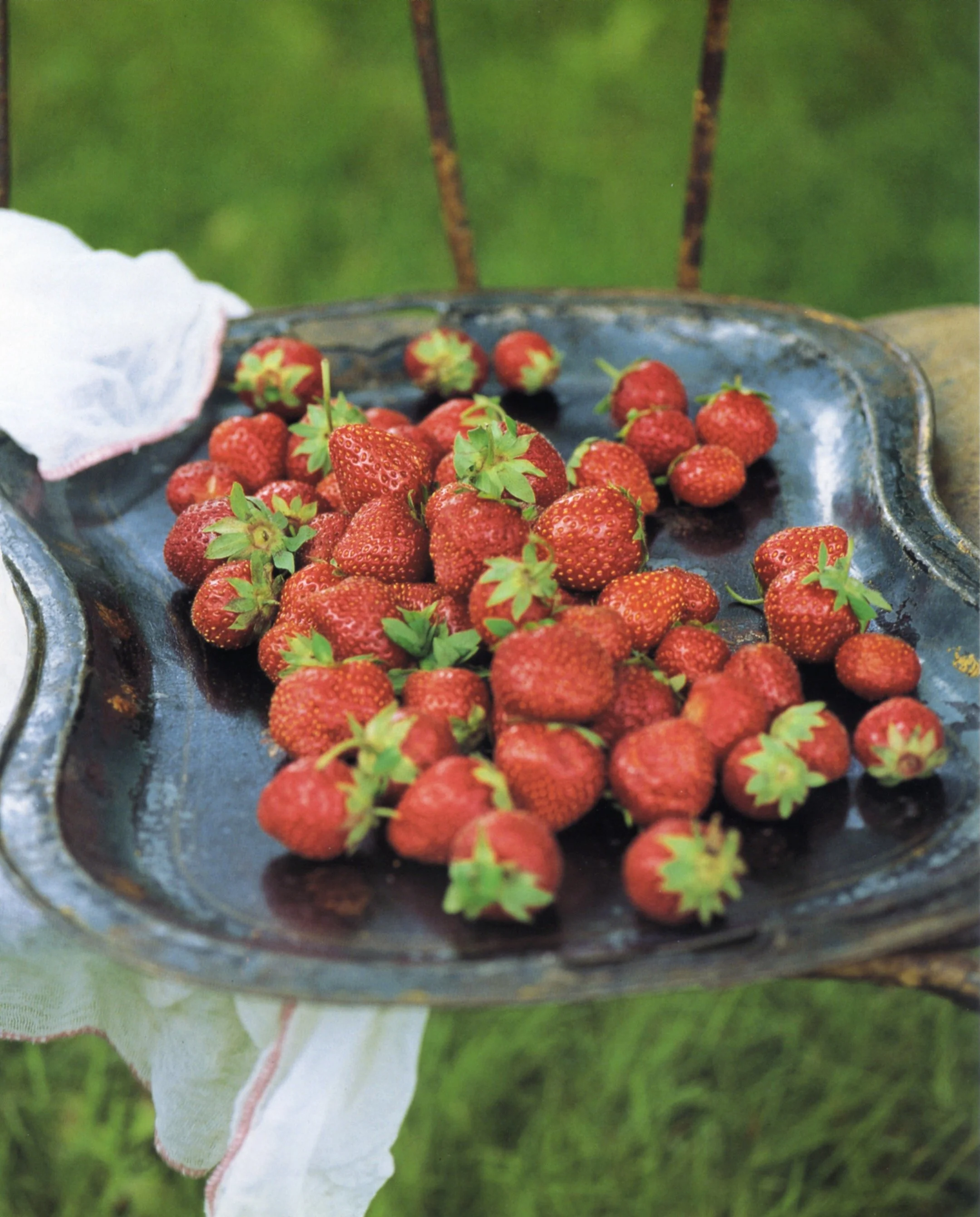 A tarnished metal tray filled with freshly picked red strawberries with green leaves, outdoors on a grassy background.