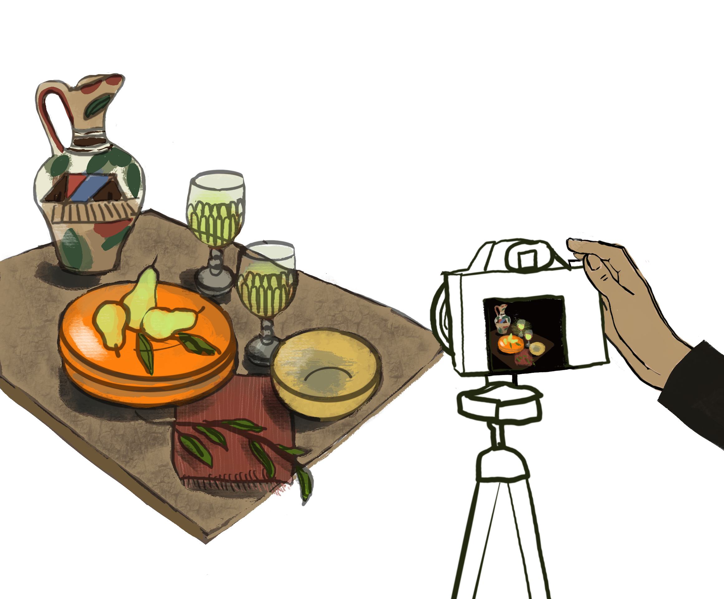 A person taking a photo of a still life arrangement on a table, which includes a ceramic pitcher, two glasses with green patterns, a yellow bowl, an orange plate with pears, and some green leaves or herbs, using a camera mounted on a tripod.