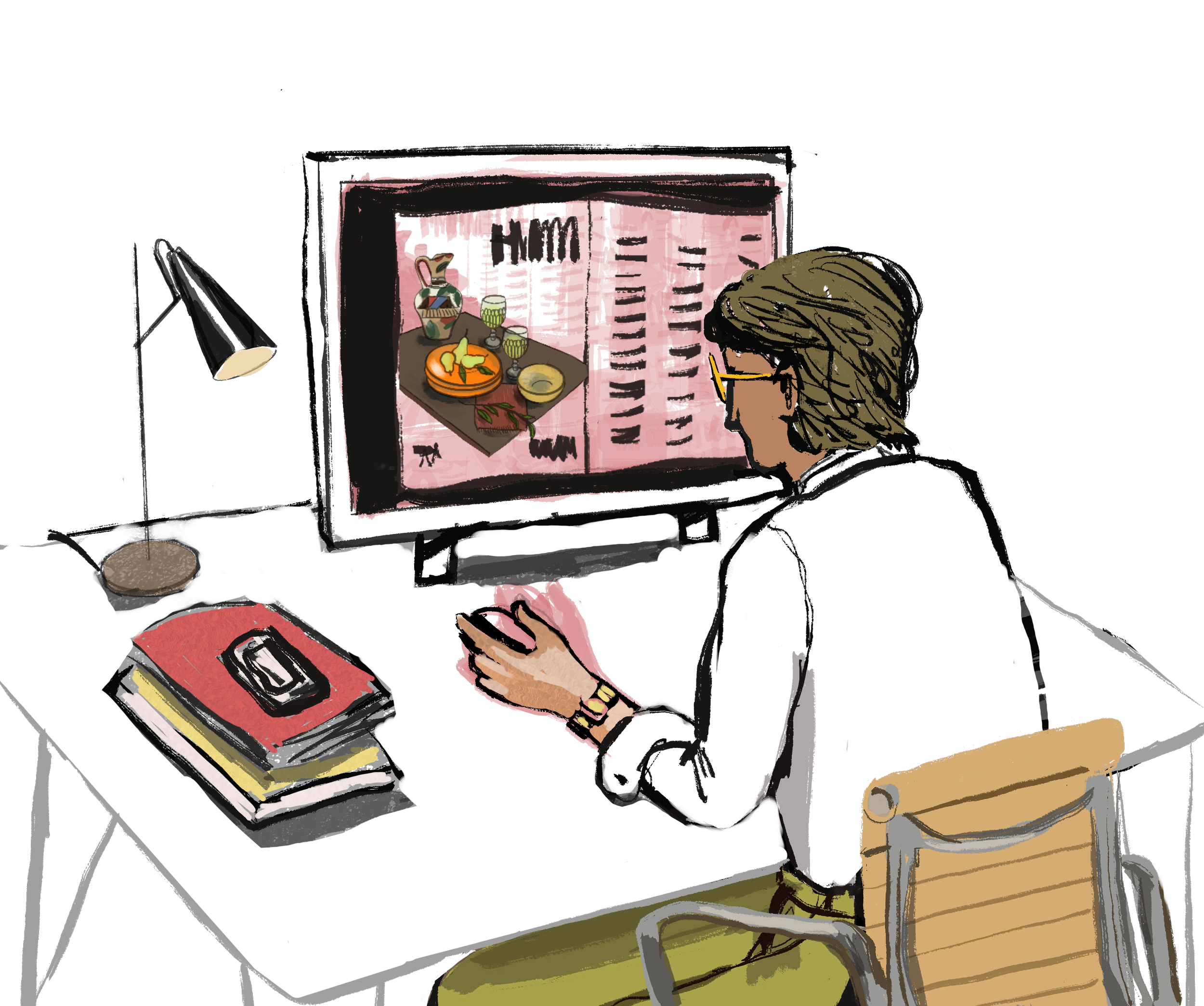 An office worker with blond hair and glasses sitting at a desk, looking at a computer screen displaying a photo of a traditional Japanese meal with sushi, appetizers, and drinks, on a dark background with a desk lamp and stacked notebooks.