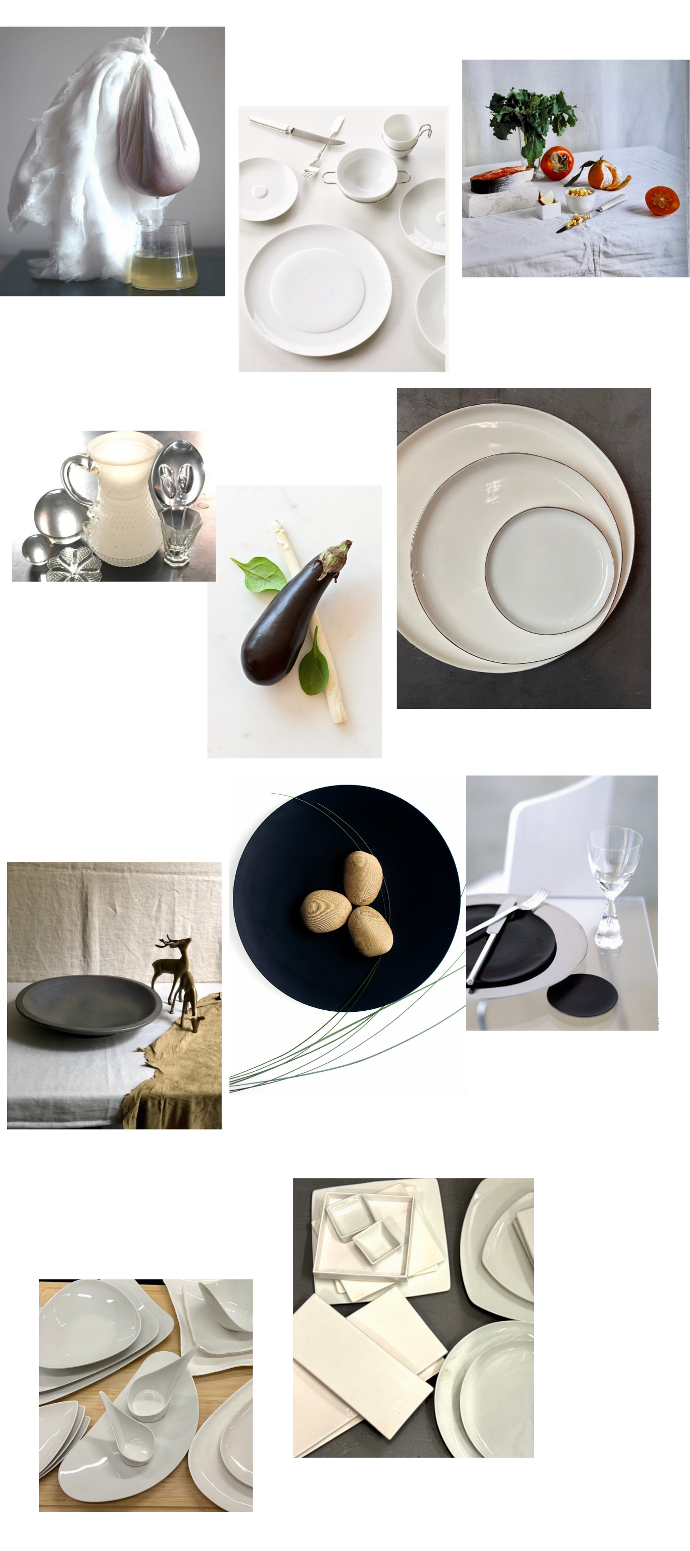 Assorted tableware including white plates, bowls, cups, black plates, and decorative vegetables with herbs, set on different surfaces and arrangements, showcasing various styles of dishware and table settings.