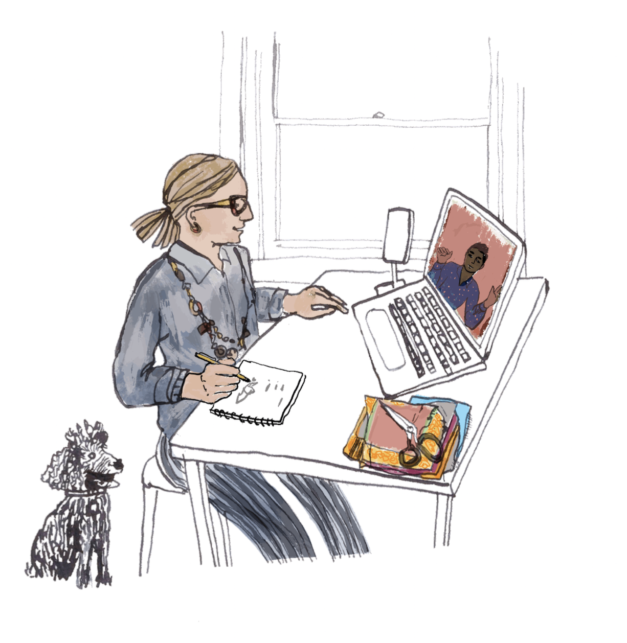 A woman with glasses, sitting at a desk during a video call on her laptop, with a dog beside her, taking notes on a notepad.