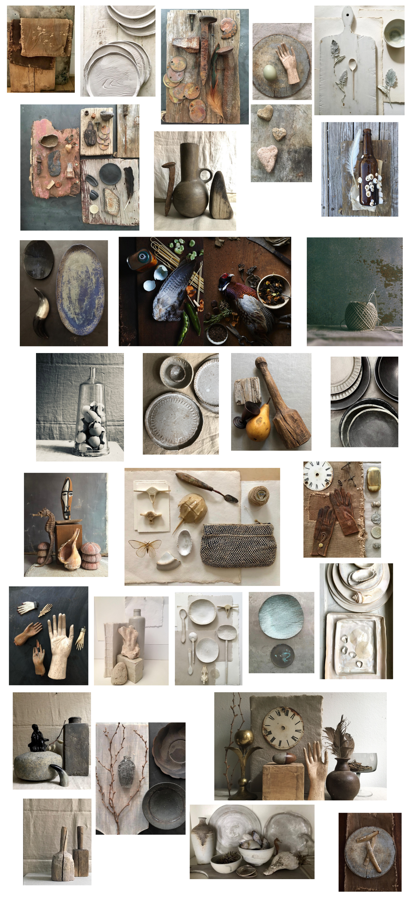 Collection of rustic and vintage-style decorative objects, pottery, shells, stones, plants, and artwork arranged on tables and surfaces.