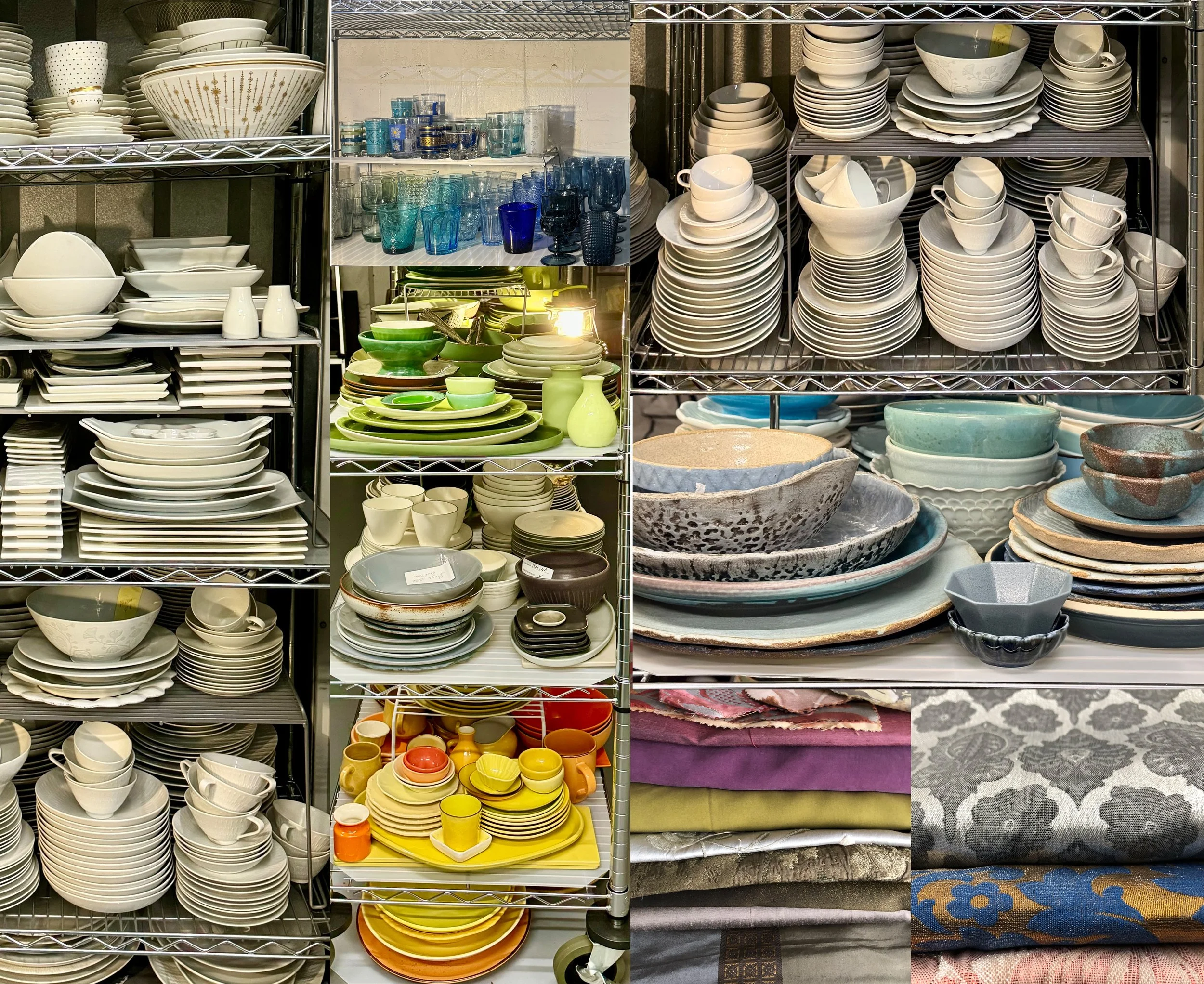 Shelves filled with various stacks of dishes, bowls, mugs, glasses, and tableware, organized by color and style.
