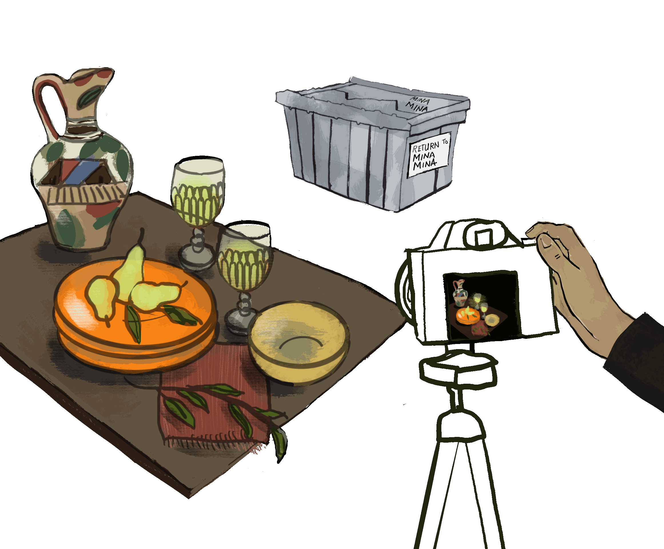 A table with a decorative vase, two glasses of wine, a plate of pears, and a bowl. A camera is recording the scene, and a crate labeled 'Return to Mina Mina' is floating above.