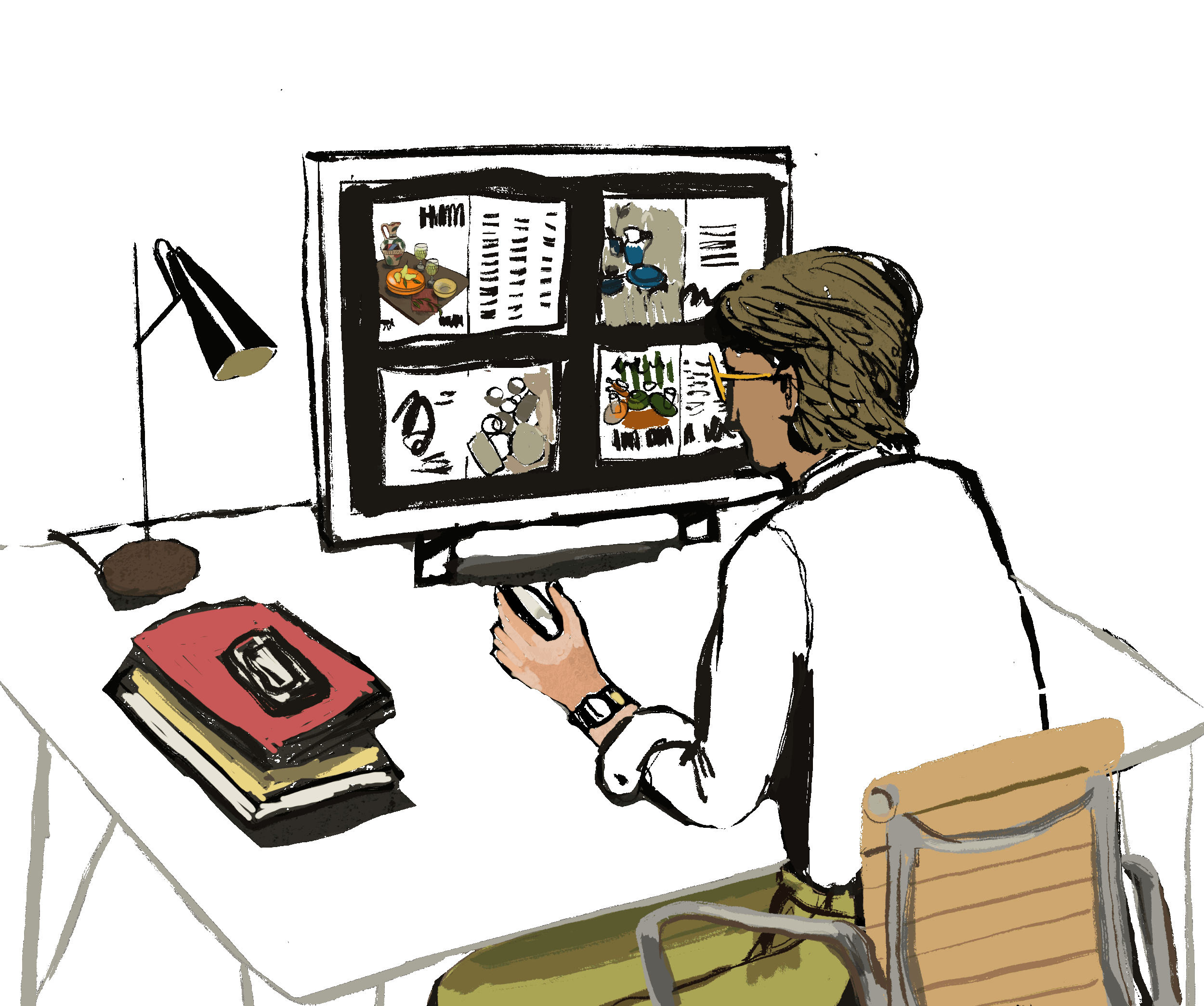 Illustration of a woman with blonde hair and glasses sitting at a black desk, working on a computer showing a graphic design project with food images. She has stacked books and a notebook on the desk, and a lamp on the left side.
