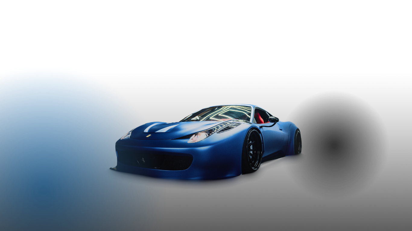 A blue Ferrari race car with black wheels and red interior, under a dark background with circular glow effects.