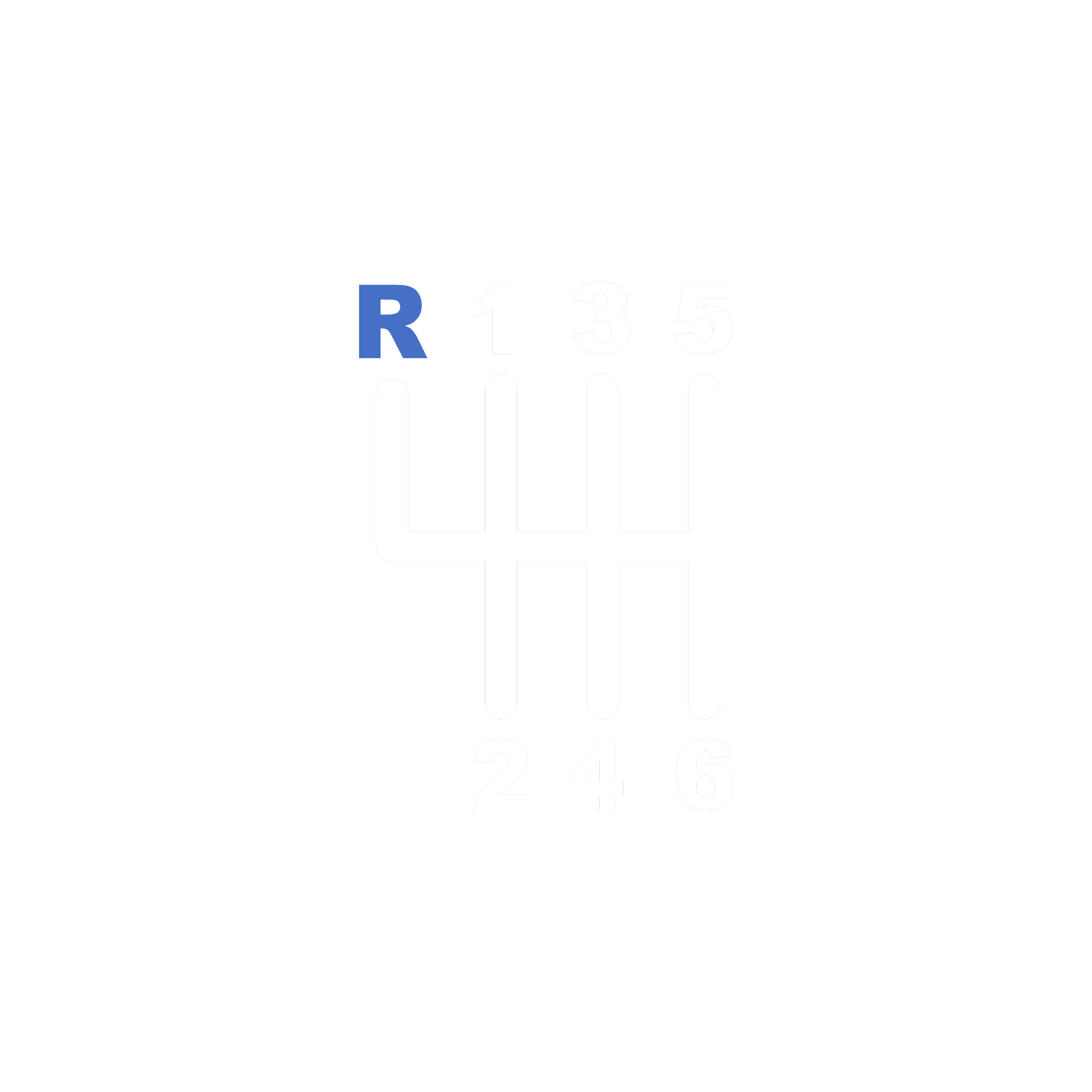 Diagram of a car gear shift pattern with R in blue, and numbers 1 through 6 in white, showing the positions for reverse, and first through sixth gears.