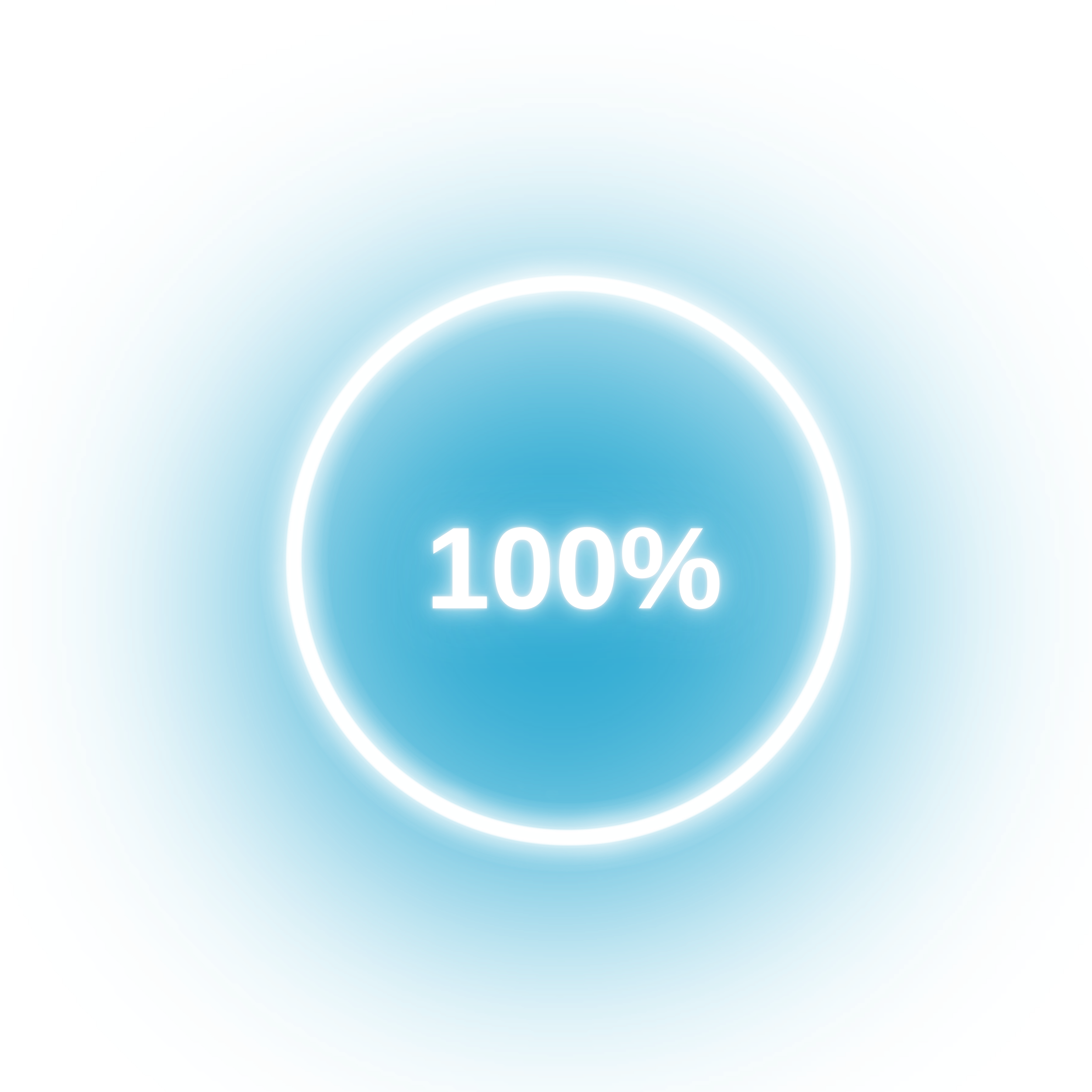 Digital progress circle with white outline, blue background, and the text "100%" in the center.