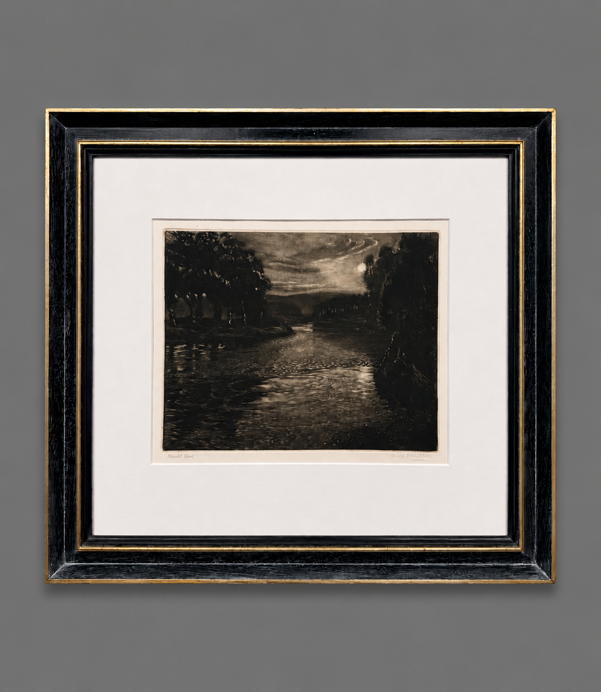 Black and white painting of a river scene with trees on both sides and a cloudy sky.