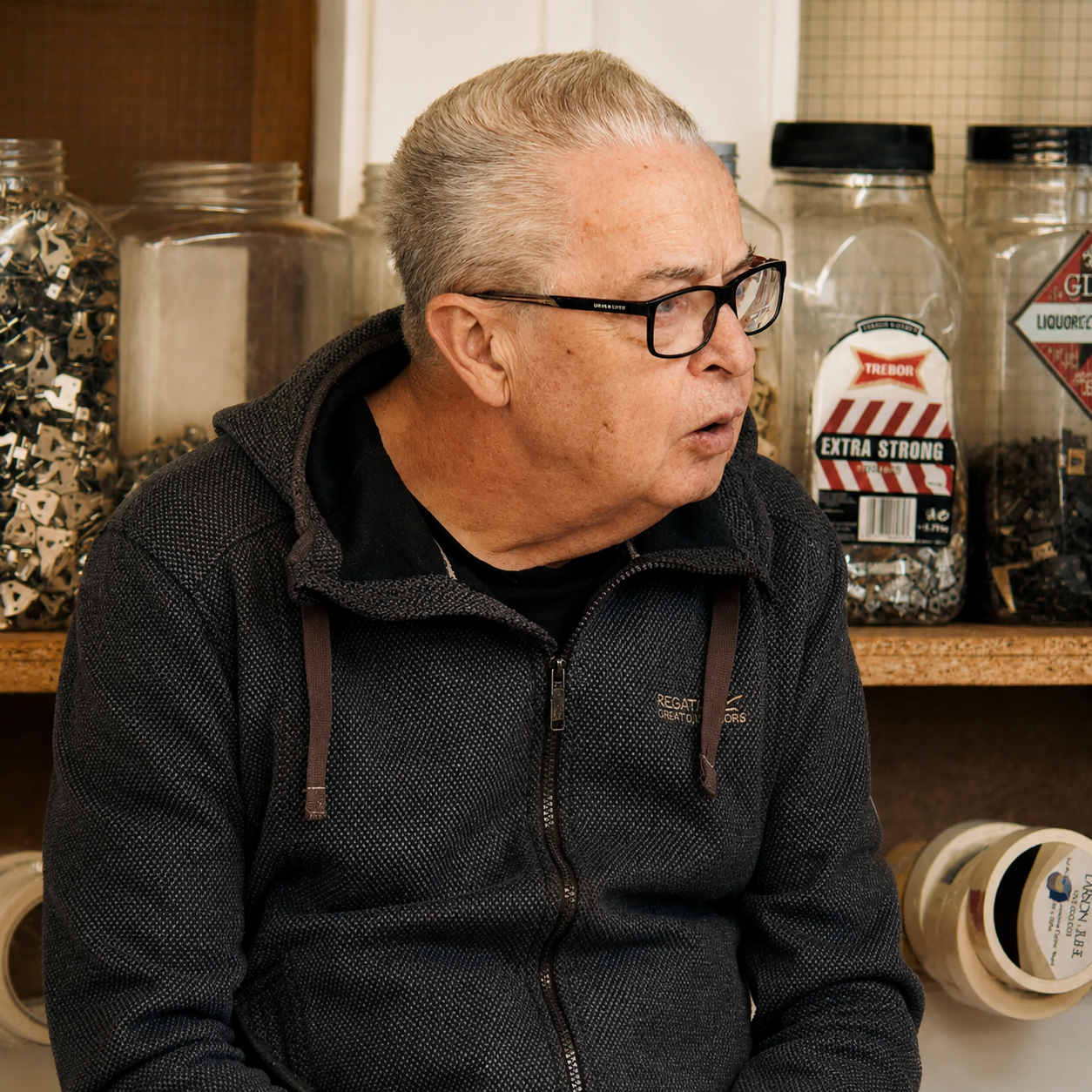 A man with glasses and short gray hair sitting in front of jars of candies and candies containers, with an open-mouthed expression.