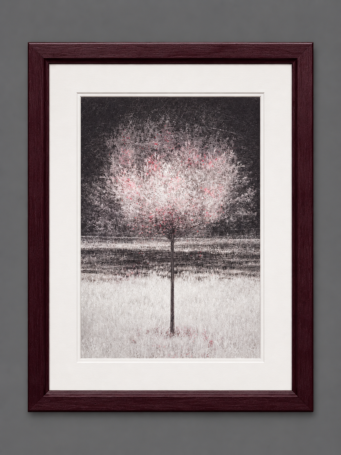 Framed artwork of a single tree with pink and white blossoms on a dark background.