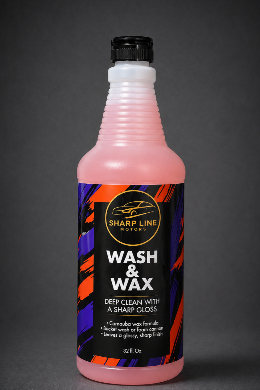 A bottle of Sharp Line Motors Wash & Wax with a pink liquid inside, featuring a black label with colorful accents and gold lettering.