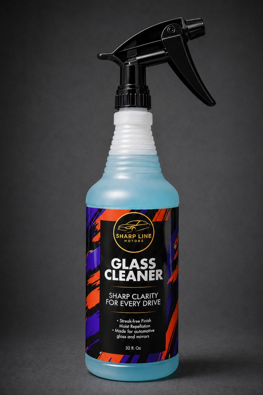 A spray bottle of glass cleaner with a black trigger nozzle, label reading "Sharp Line Motors Glass Cleaner," on a dark background.