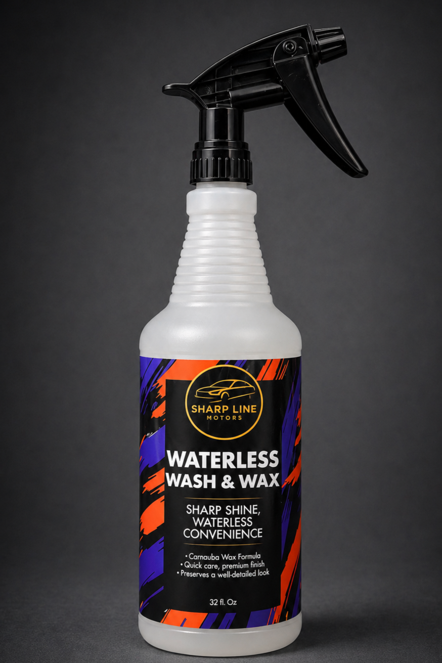Spray bottle of Sharp Line Motors Waterless Wash & Wax with black spray nozzle, white bottle, and colorful label on a dark background.
