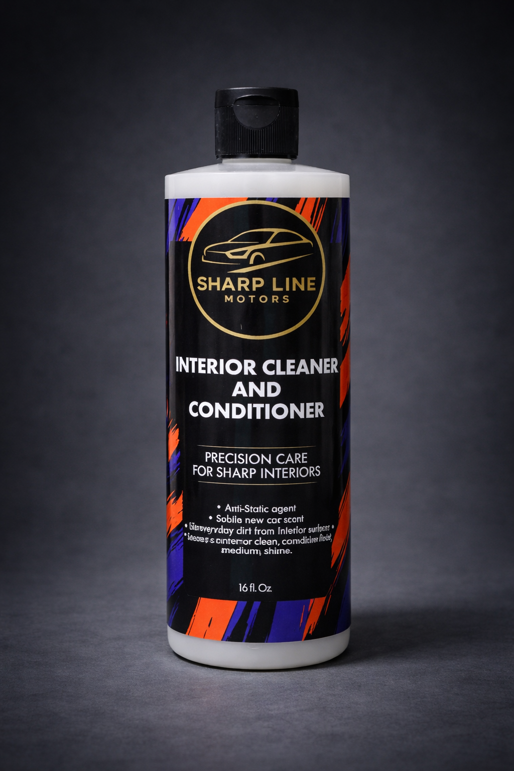 A bottle of Sharp Line Motors Interior Cleaner and Conditioner with black, orange, and blue design, containing 16 fl oz.