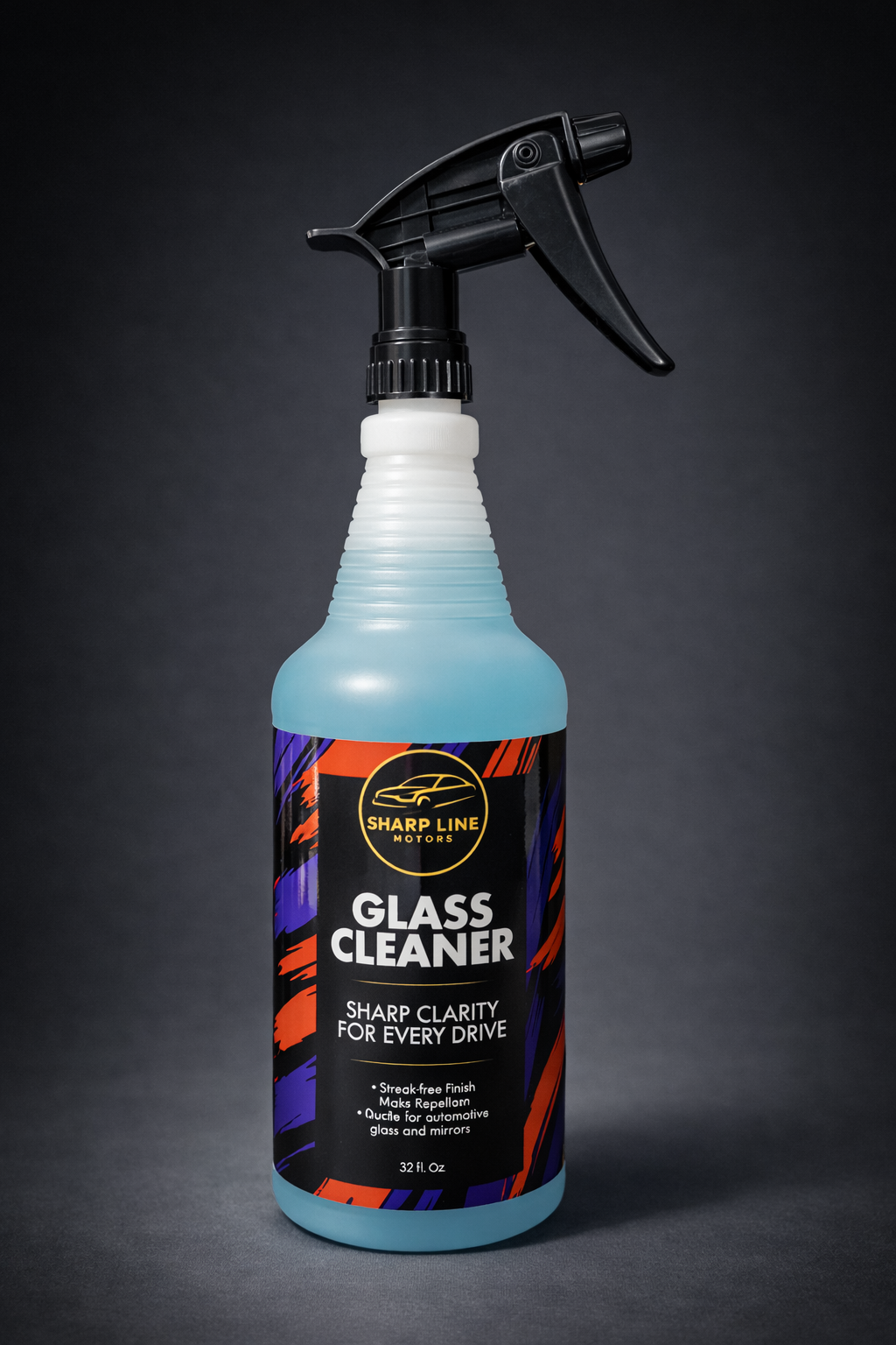 A spray bottle of glass cleaner with a black trigger, a white cap, and a label that reads 'Sharp Line Motors Glass Cleaner, Sharp Clarity for Every Drive, 32 fl oz' against a dark background.