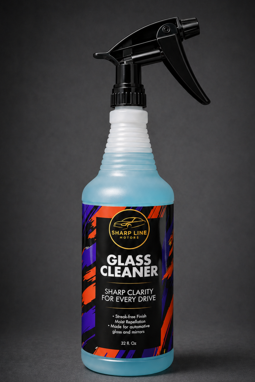 A spray bottle of Sharp Line Motors Glass Cleaner with black, blue, orange, and purple label, against a dark gray background.