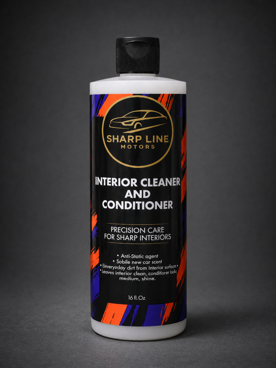 A bottle of Sharp Line Motors interior cleaner and conditioner with a black label and red, blue, and orange accents, set against a dark background.
