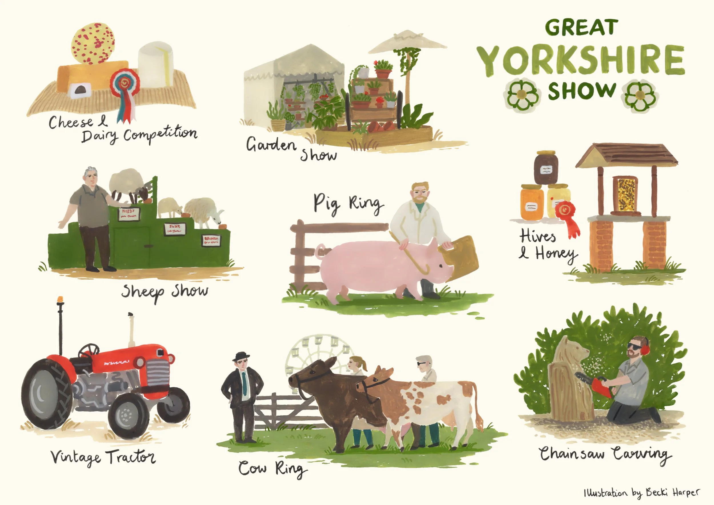 Illustrations made on location at the Great Yorkshire show at Harrogate showground, with paintings of the features at this venue. These are the sheep show, pig and cow rings, hives and honey, vintage tractors, chainsaw carving, and cheese competition