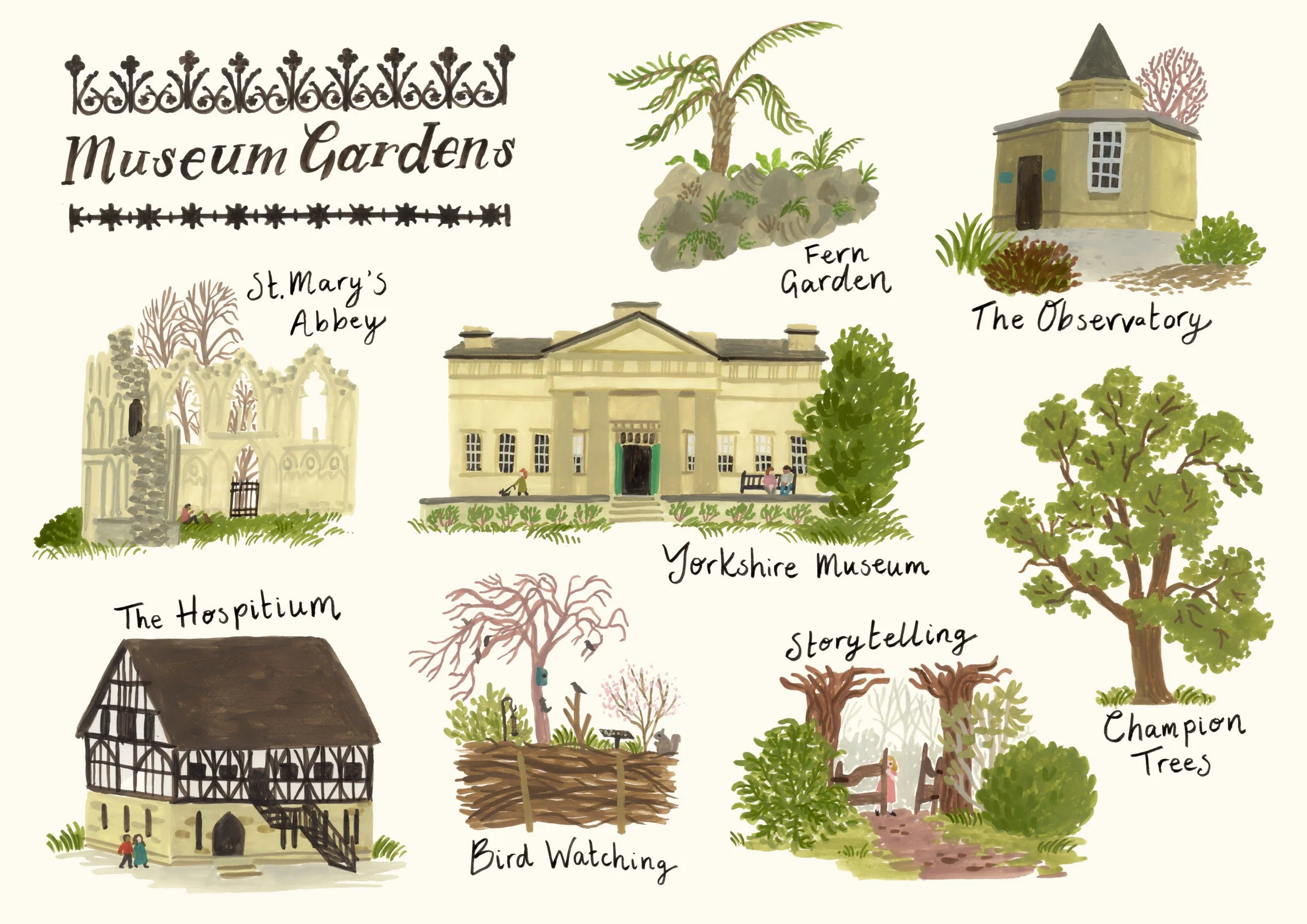 Illustrations made on location at york museum gardens and yorkshire museum, with small paintings of the various features at this venue.