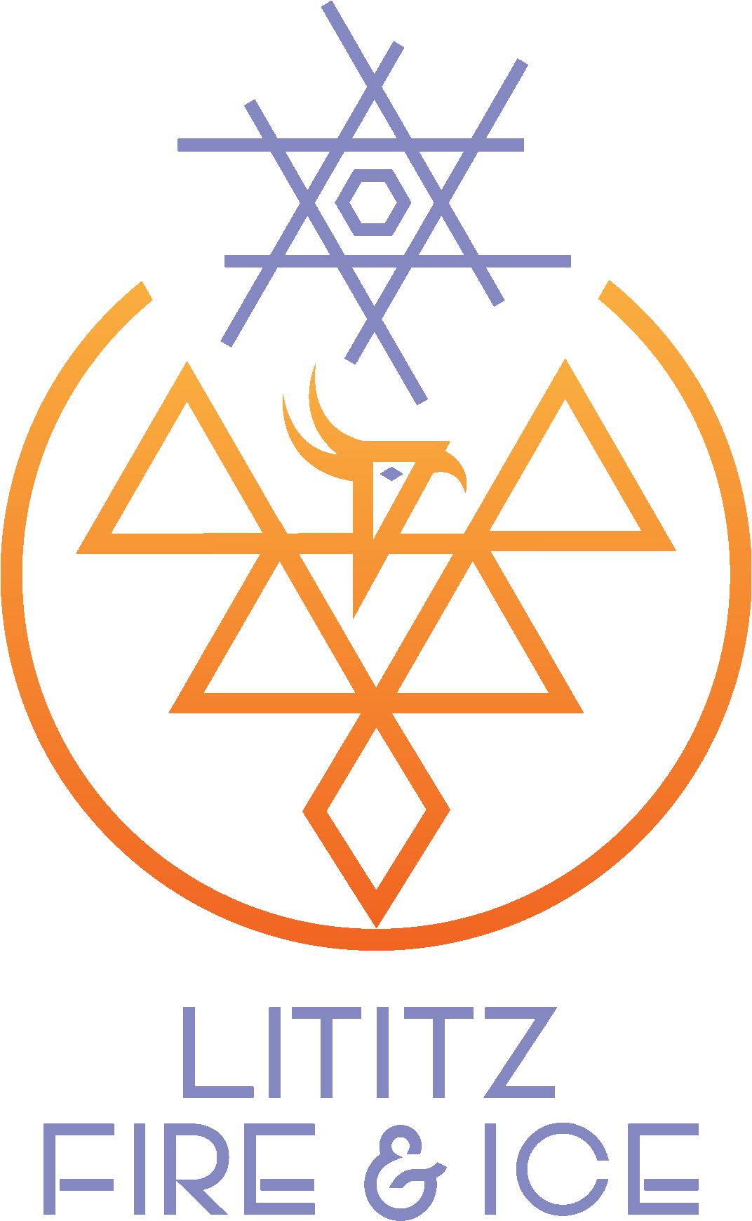 Design with a stylized bird head, geometric patterns, and symbols representing fire and ice, with the text "LITITZ FIRE & ICE" below.