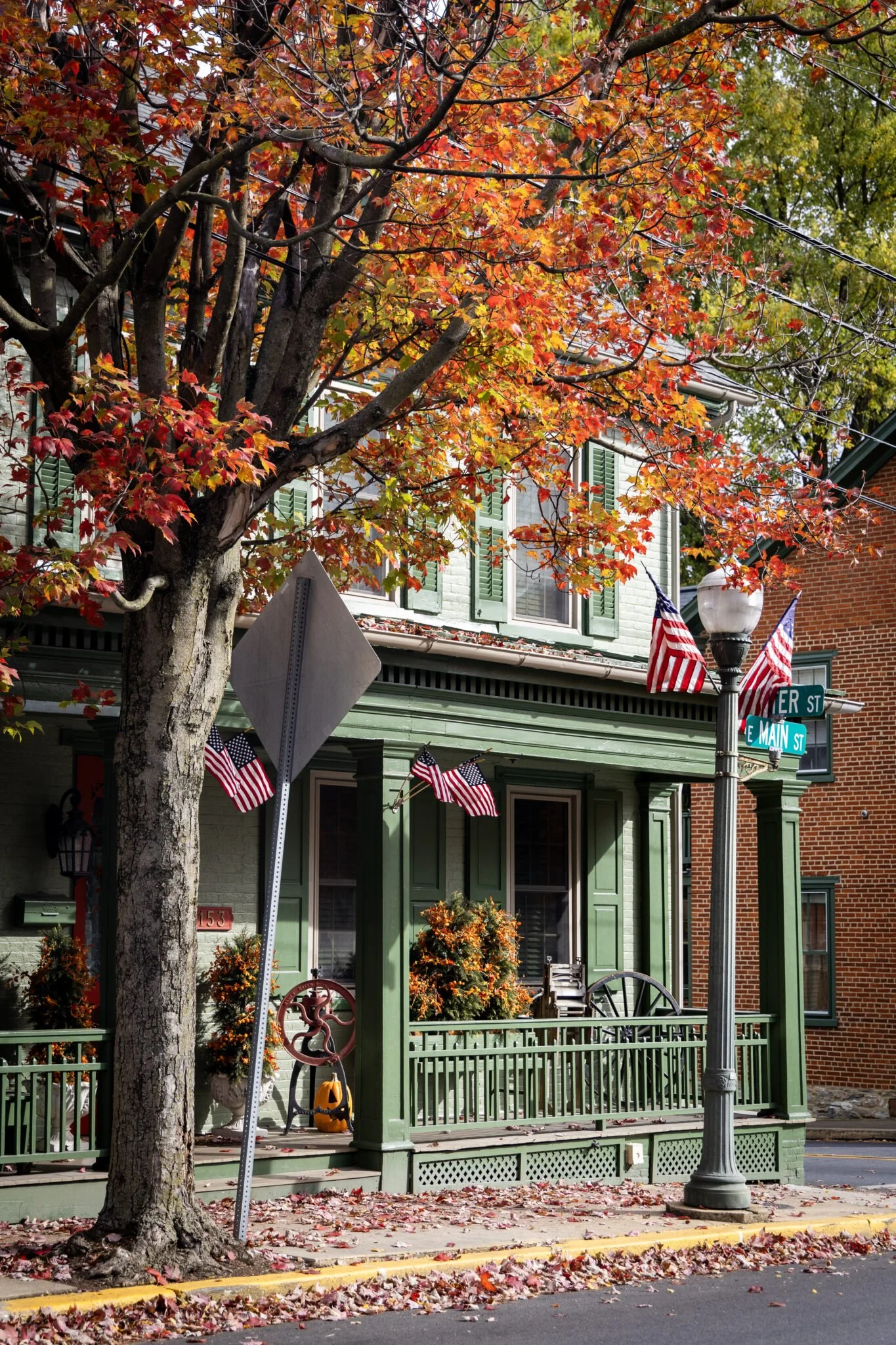 Fall scene with a green house, American flags, and colorful autumn leaves on a large tree and sidewalk.