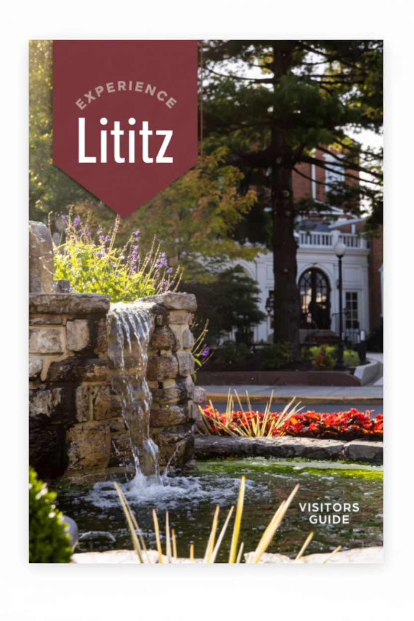 Front cover of a visitors guide for Lititz featuring a water fountain surrounded by plants and flowers and a historic building in the background.