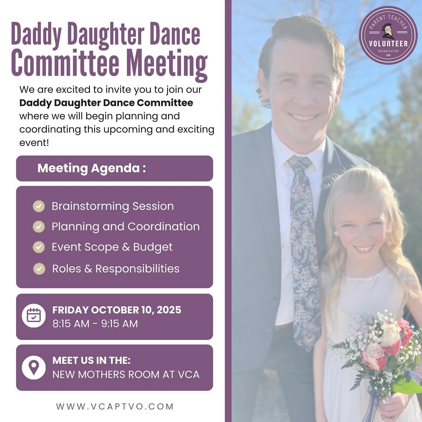 We are excited to invite you to join our Daddy Daughter Dance Committee where we will begin planning and coordinating this upcoming exciting event!