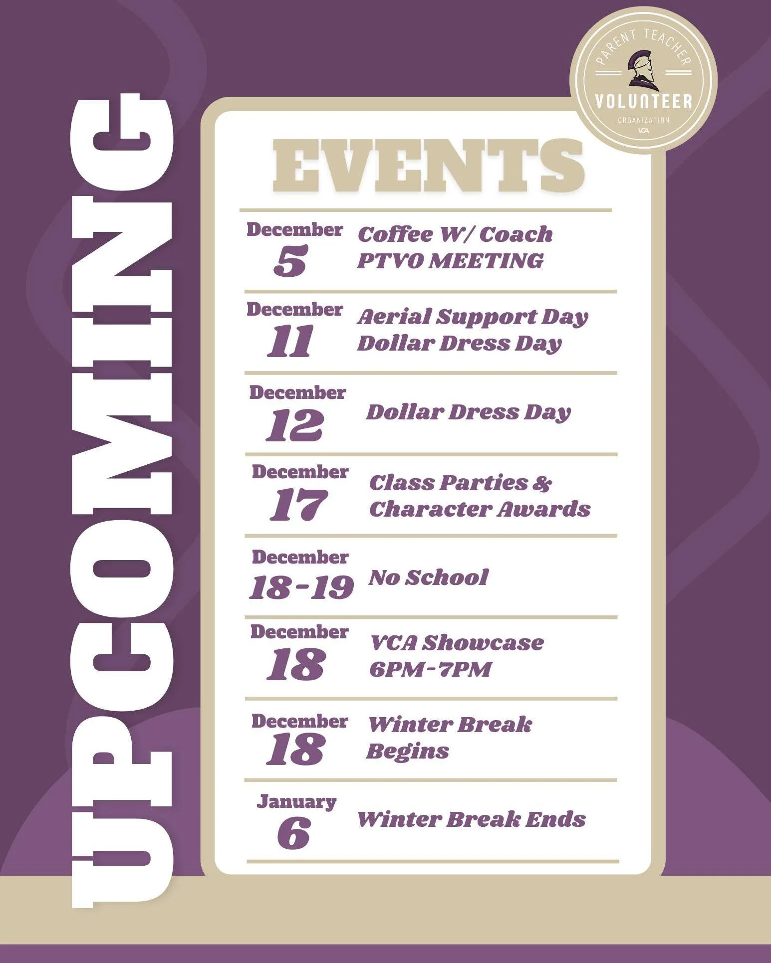 Save to your calendars! Take a look at our upcoming PTVO monthly outlook.