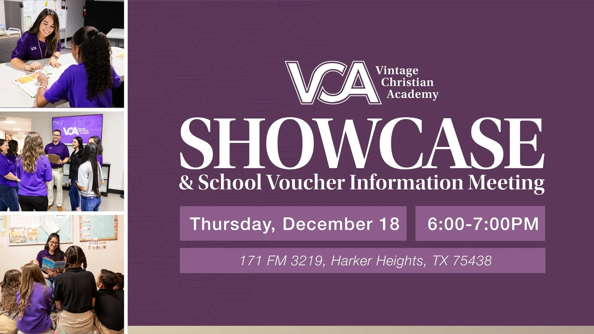 Join us December 18 at 6:00PM to hear about VCA!

Come and hear about the amazing opportunities for your family at VCA.

This showcase you will learn about the new Texas Education Freedom Account (school vouchers) and how you can access funding for C